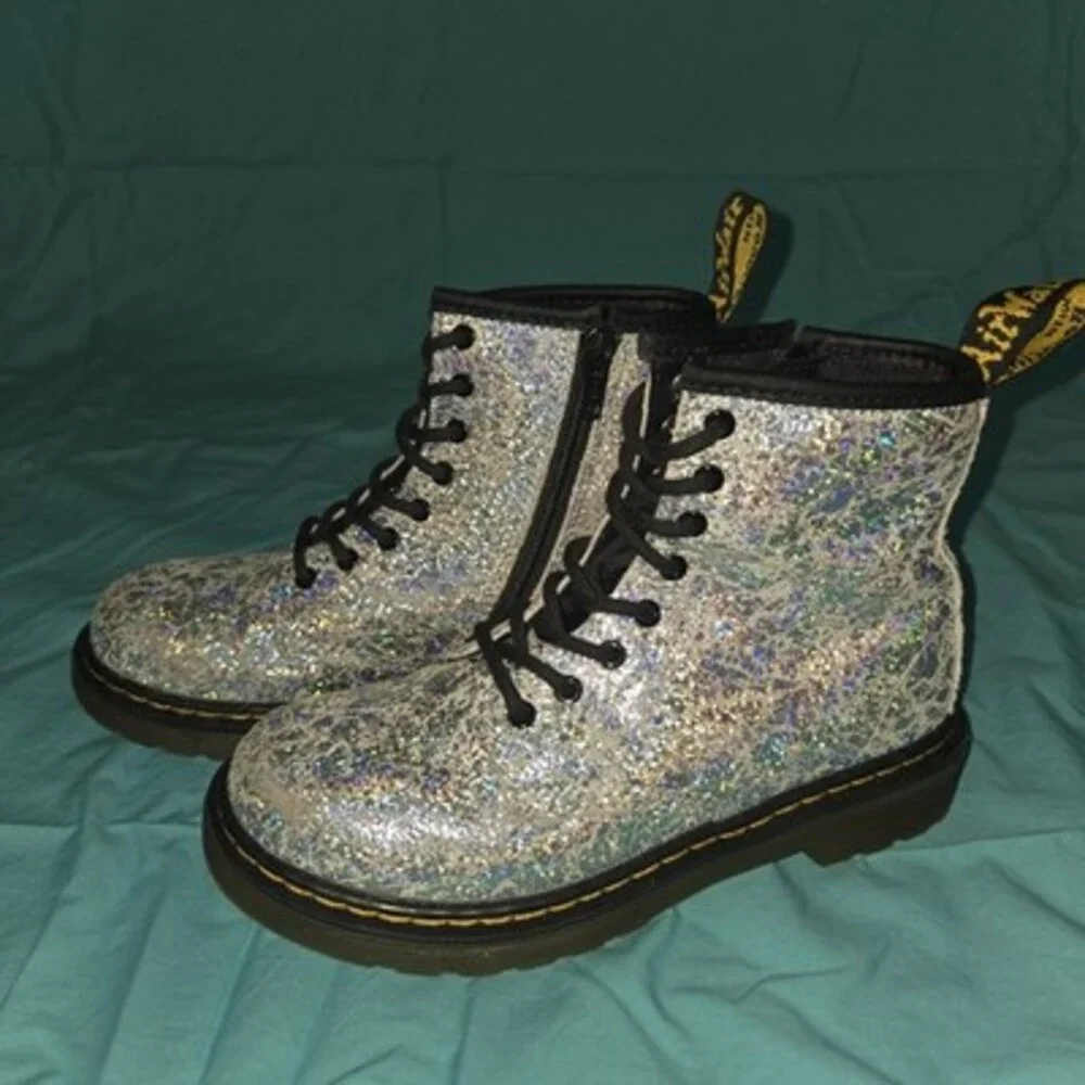 Dr. Martens 1460 Kids Silver Glitter Combat Ankle Boots Lace-Up Side Zip US 2
